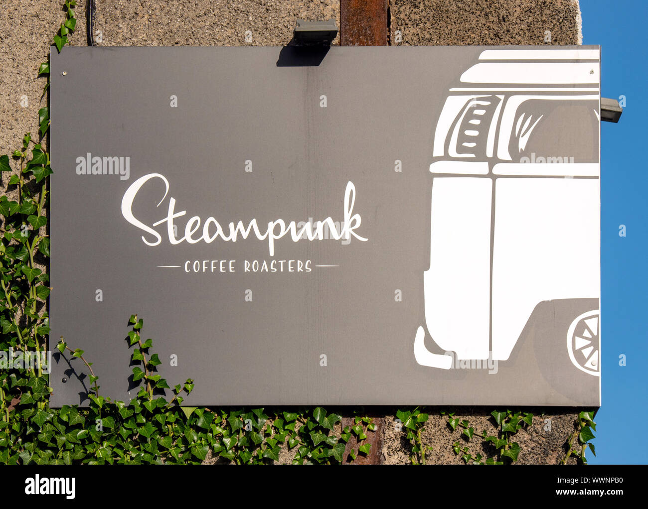 Steampunk Coffee Roasters sign in North Berwick, East Lothian, Scotland, UK. Stock Photo