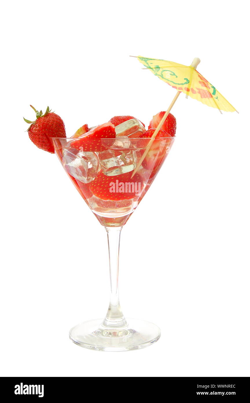 strawberry cocktail with ice cubes isolated on white Stock Photo