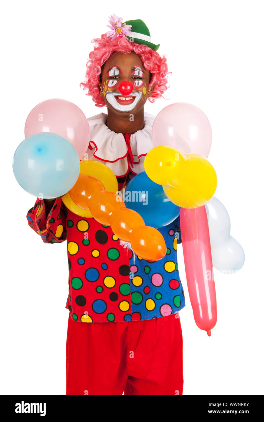 Portrait of a funny black clown with colorful balloons Stock Photo Alamy