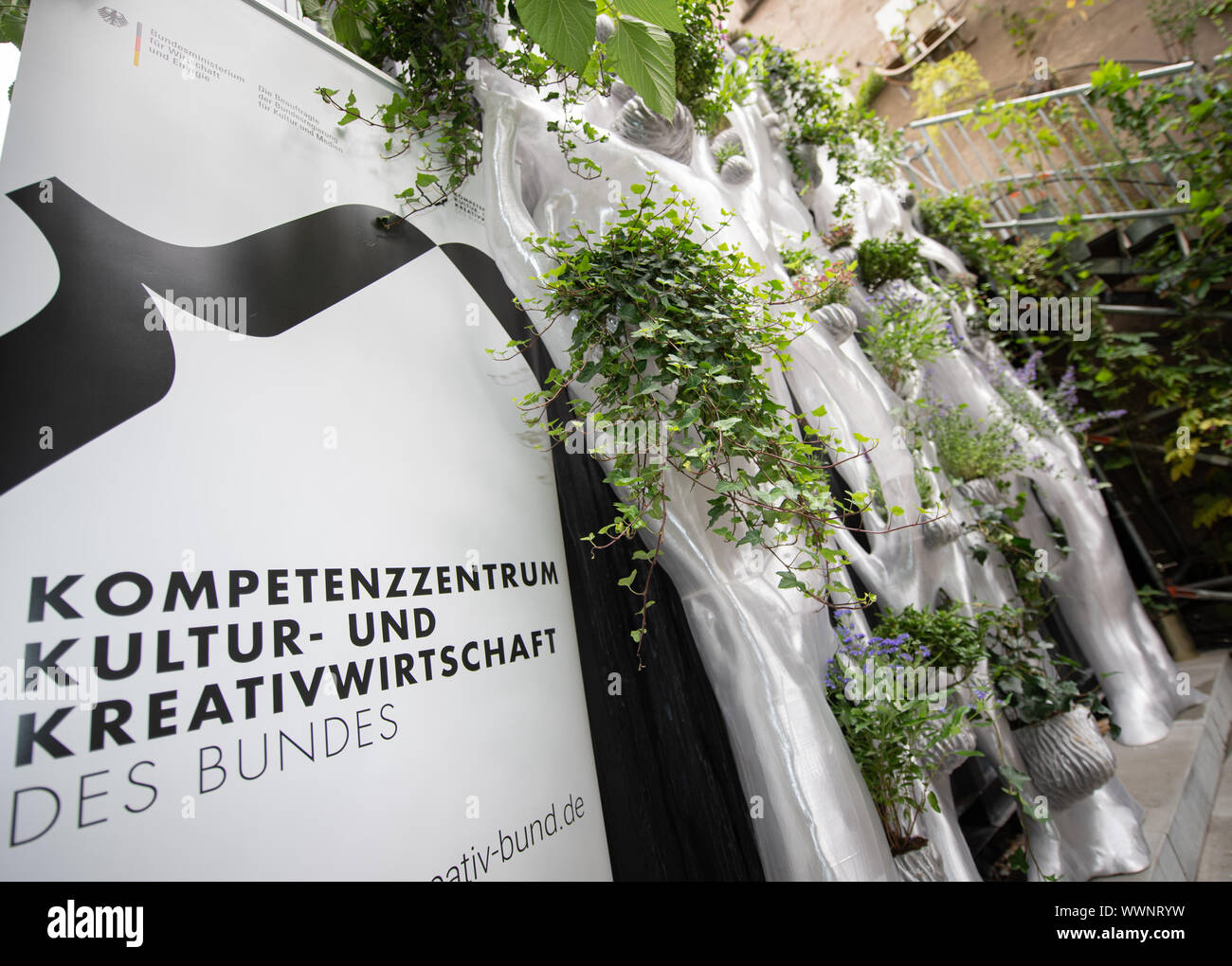 Berlin, Germany. 16th Sep, 2019. A new type of façade cladding was mounted on a wall in the inner courtyard of the Federal Centre of Competence for Culture and Creative Industries. BigRep, leading manufacturer of 3D printers, presented the world's first fully 3D printed environmental habitat for green plants and insects. It was made entirely from recycled plastic materials from PET bottles. Credit: Tom Weller/dpa/Alamy Live News Stock Photo