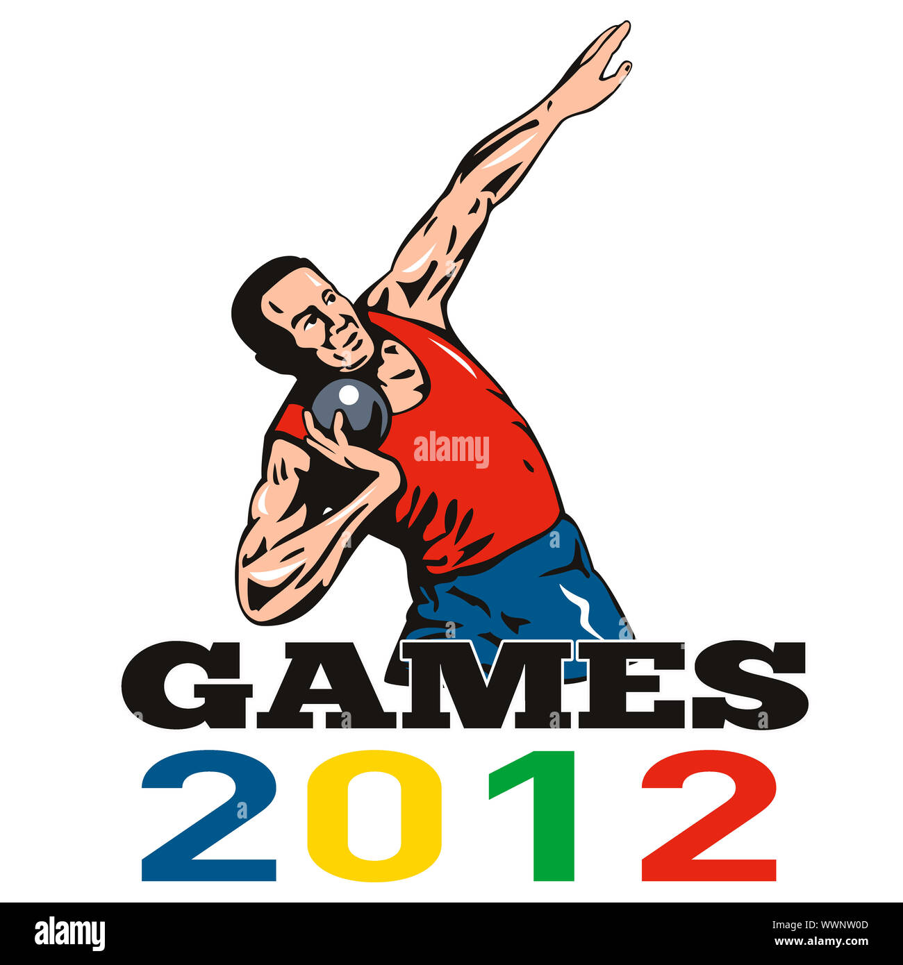 Illustration of an athlete shot put throw with words Games 2012 done in