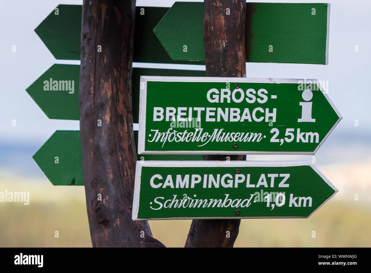 Hiking sign Grossbreitenbach Stock Photo