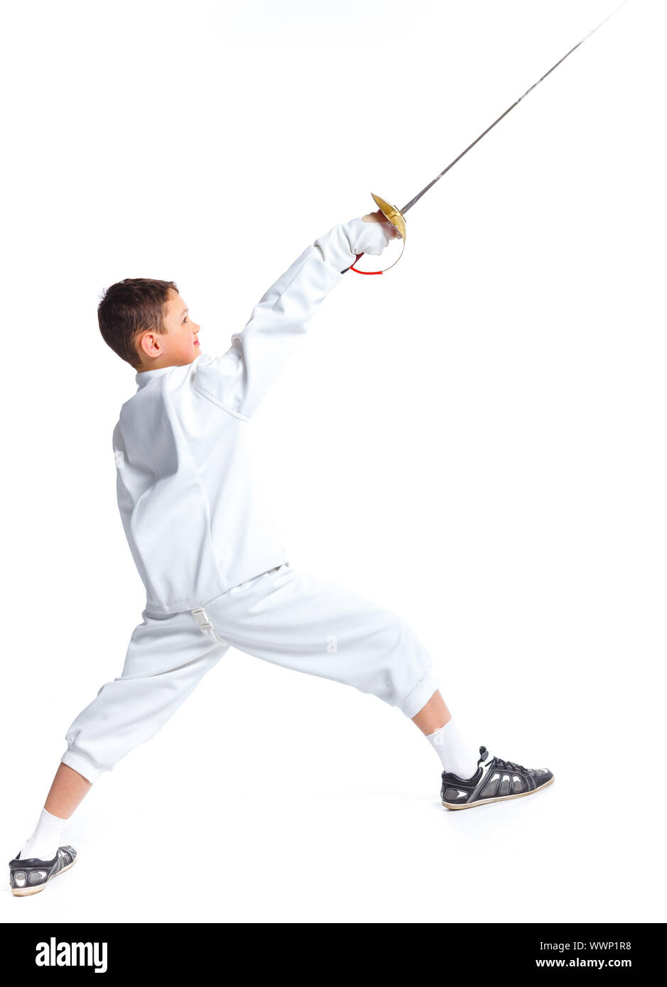 Child epee fencing lunge. Isolated on white background. Stock Photo