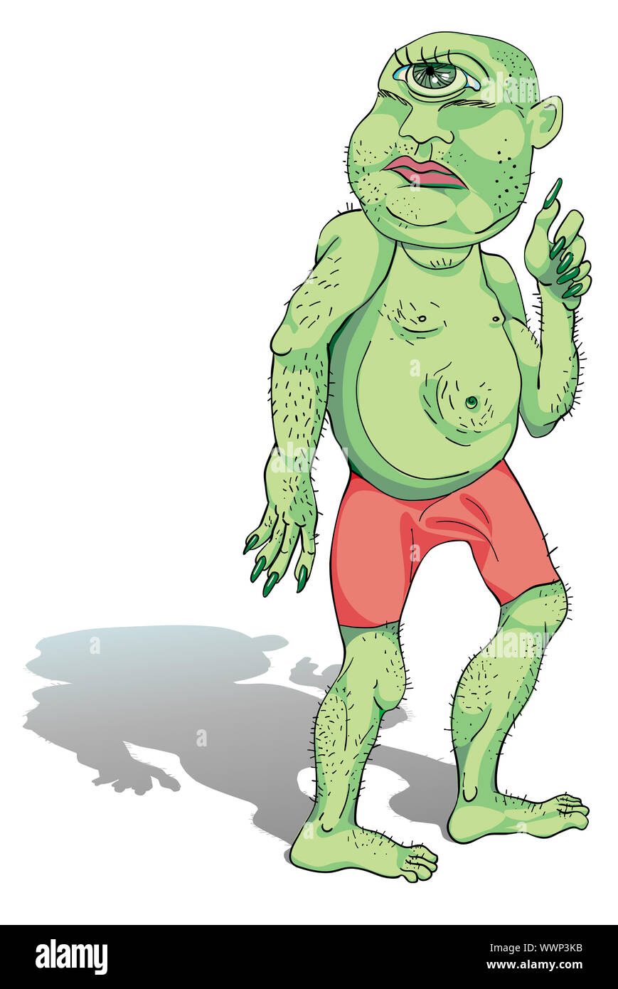 hand drawn cyclop ogre, green character with pink shorts isolated on white Stock Photo