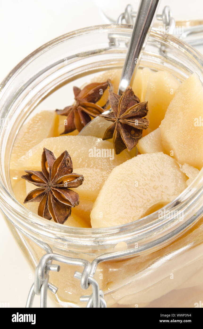pickled split pear with star anise Stock Photo Alamy