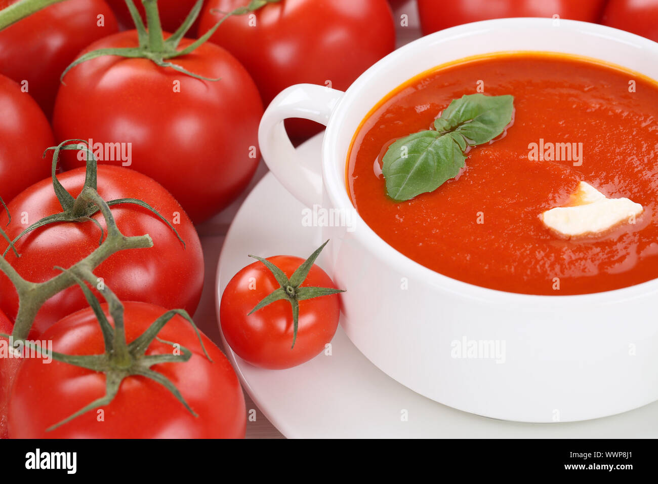 Tomatensuppe Tomatencremesuppe Tomaten Suppe in Suppentasse Stock Photo