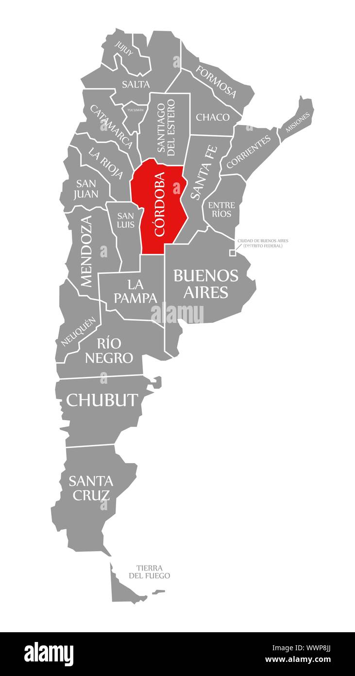 Cordoba red highlighted in map of Argentina Stock Photo