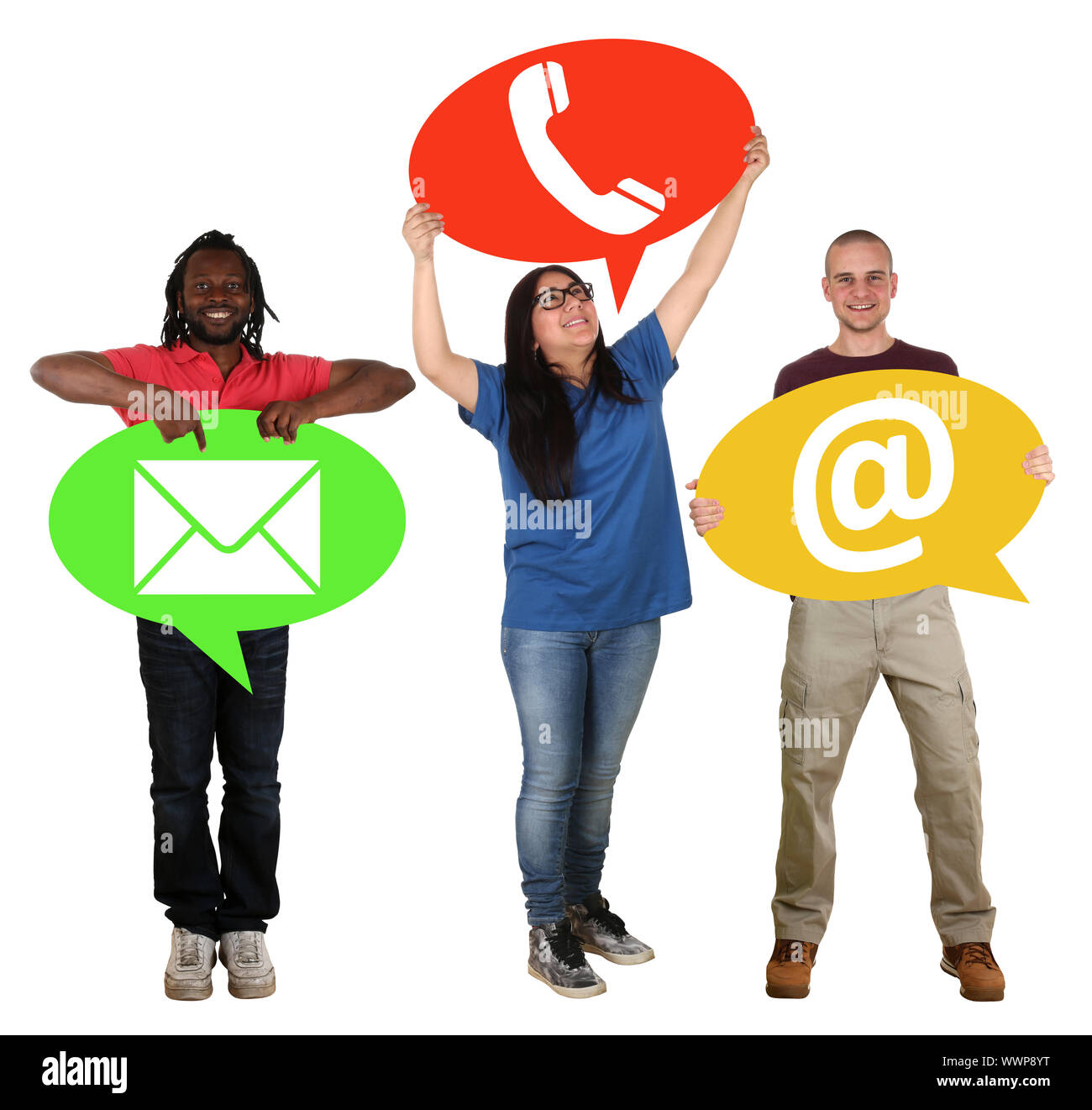 Group of young people holding speech bubbles with selection telephone, e-mail, letter writing Stock Photo