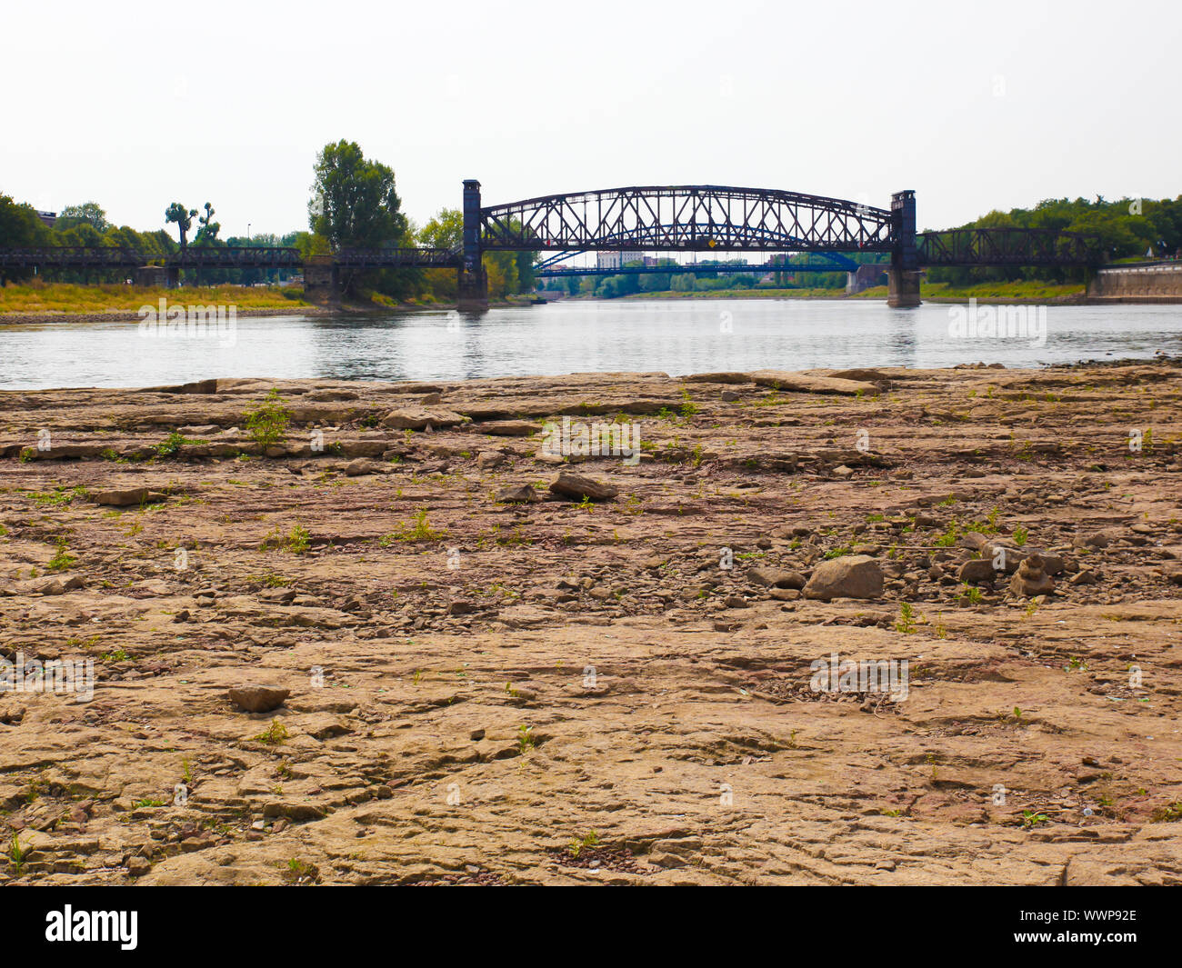Impressionen aus Magdeburg-Blick auf die Hubbrücke Magdeburg bei Niedrigwasser 2015 in der Elbe Stock Photo