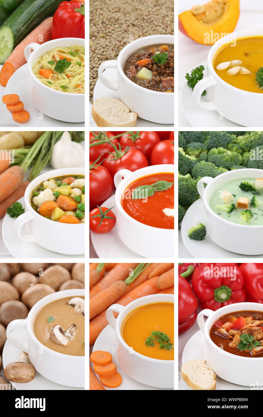 Collage Soup Soups Tomato Soup Vegetables Vegetable Soup Close-up Stock Photo