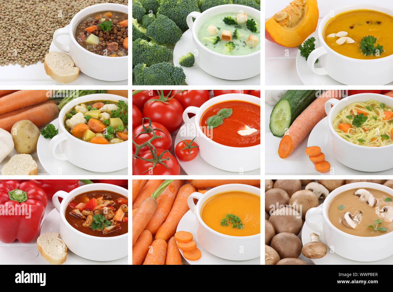 Collage Soup Soups Tomato soup Vegetable soup Vegetable soup in soup bowl Close-up Stock Photo