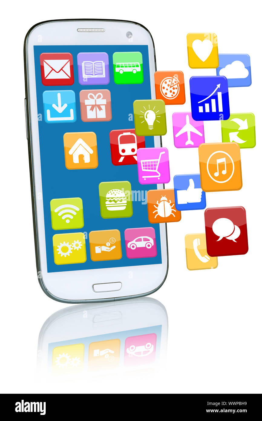 Smartphone or mobile phone with flying Application Apps Apps Stock Photo