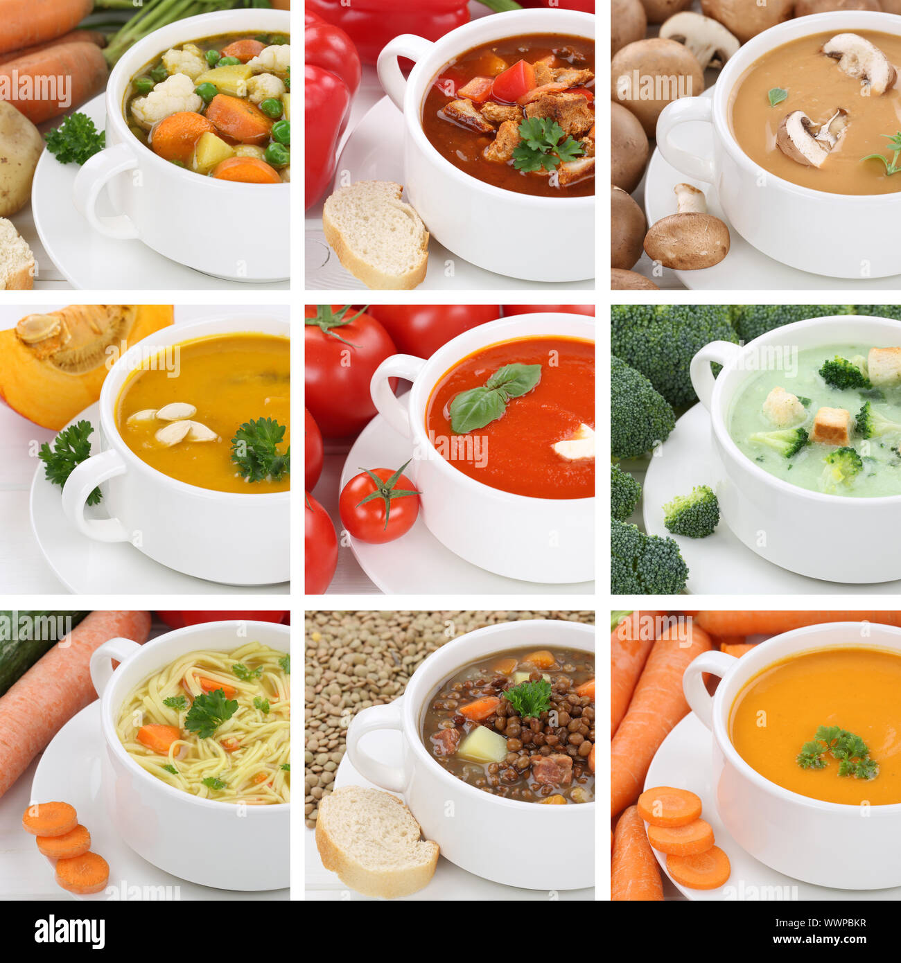 Collage Soup Soups Tomato soup Vegetables Vegetable soup Close-up Healthy diet Stock Photo