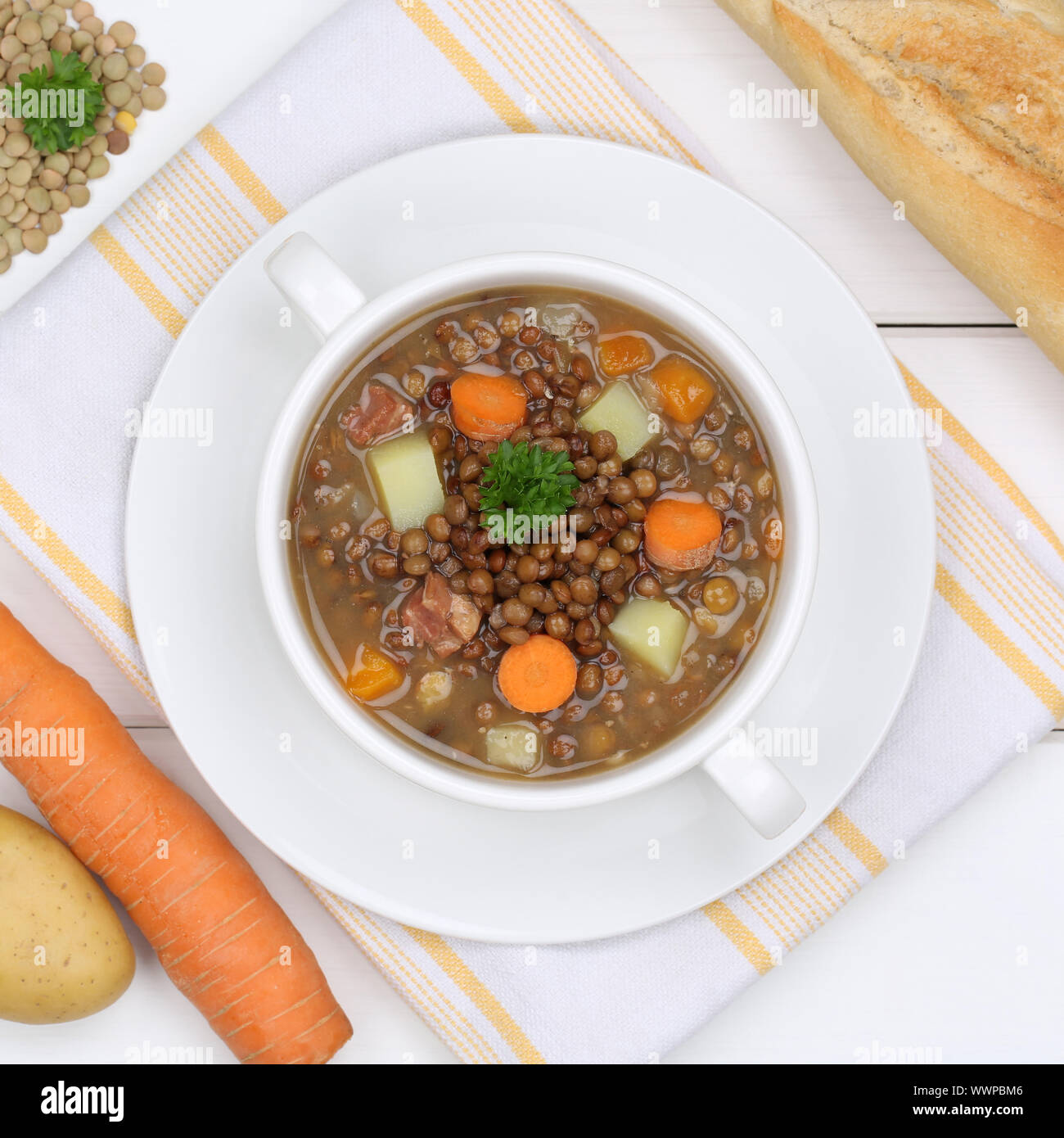 lentil soup lentils soup in soup cup from above healthy diet Stock