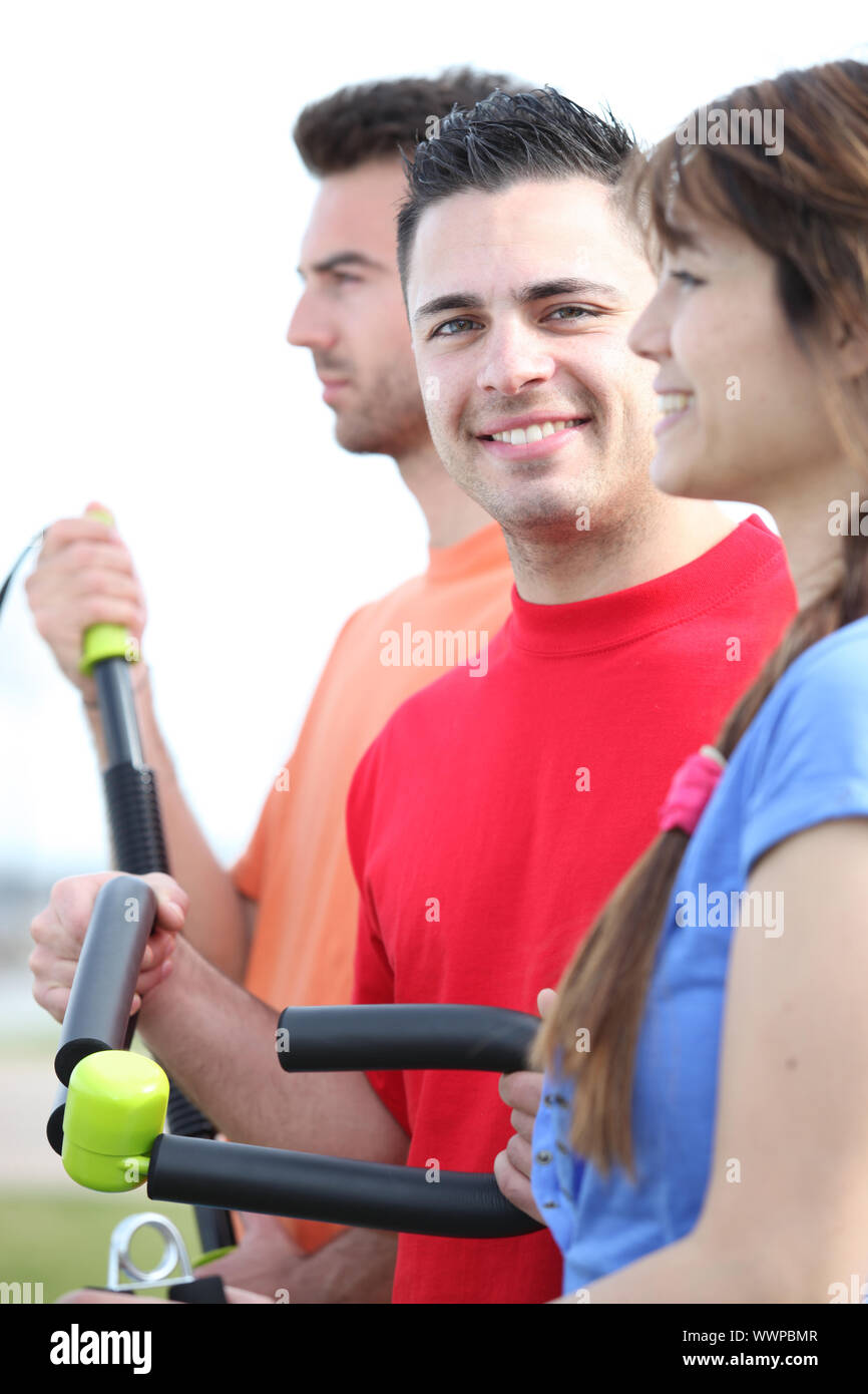 People using outdoor gym equipment Stock Photo Alamy