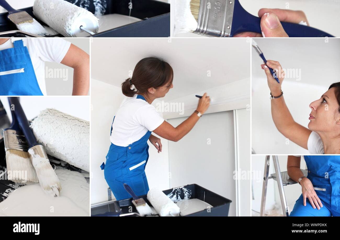 Montage of handywoman painting at home Stock Photo