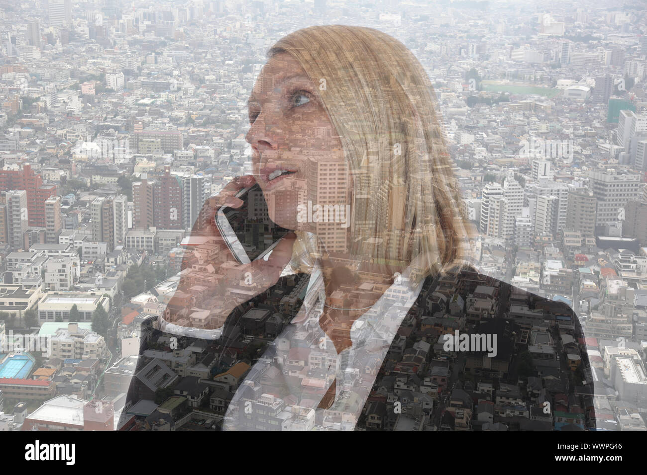 Business woman with smartphone Telephoning Business woman Portrait Double exposure Stock Photo