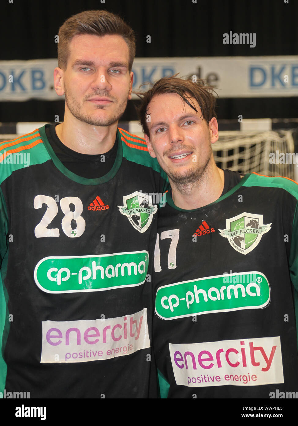 Handball and European champion in 2016 Erik Schmidt u. Kai Häfner (TSV Hannover-Burgdorf) Stock Photo