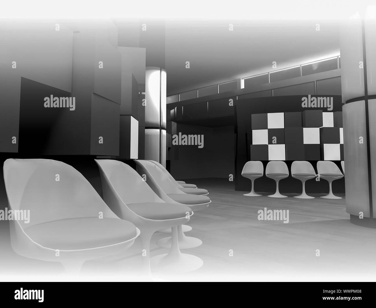 emergency, waiting room with chairs in hospital, clean room with shapes in 3d, business space and work Stock Photo