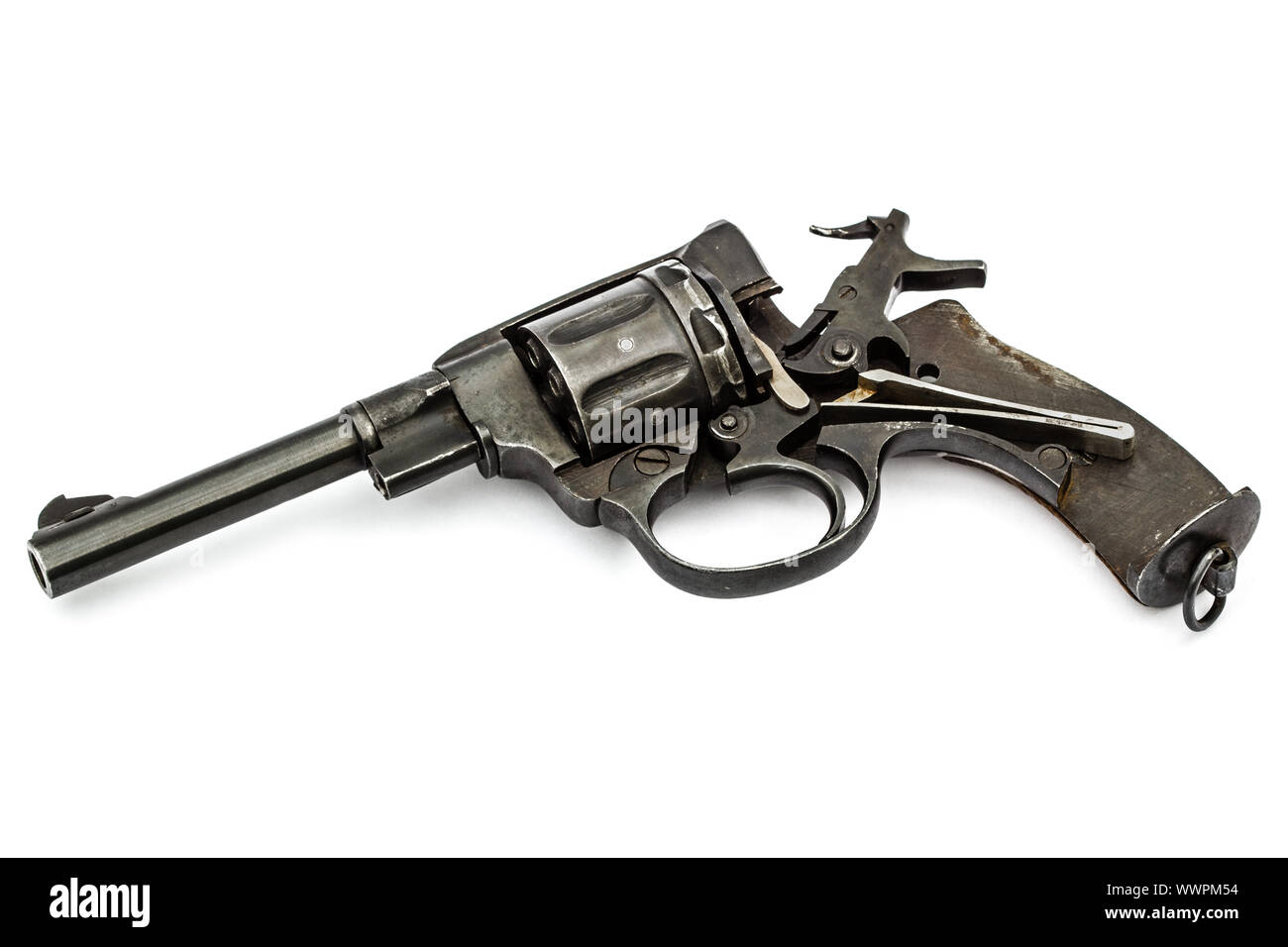 Disassembled revolver, pistol mechanism with the hammer cocked