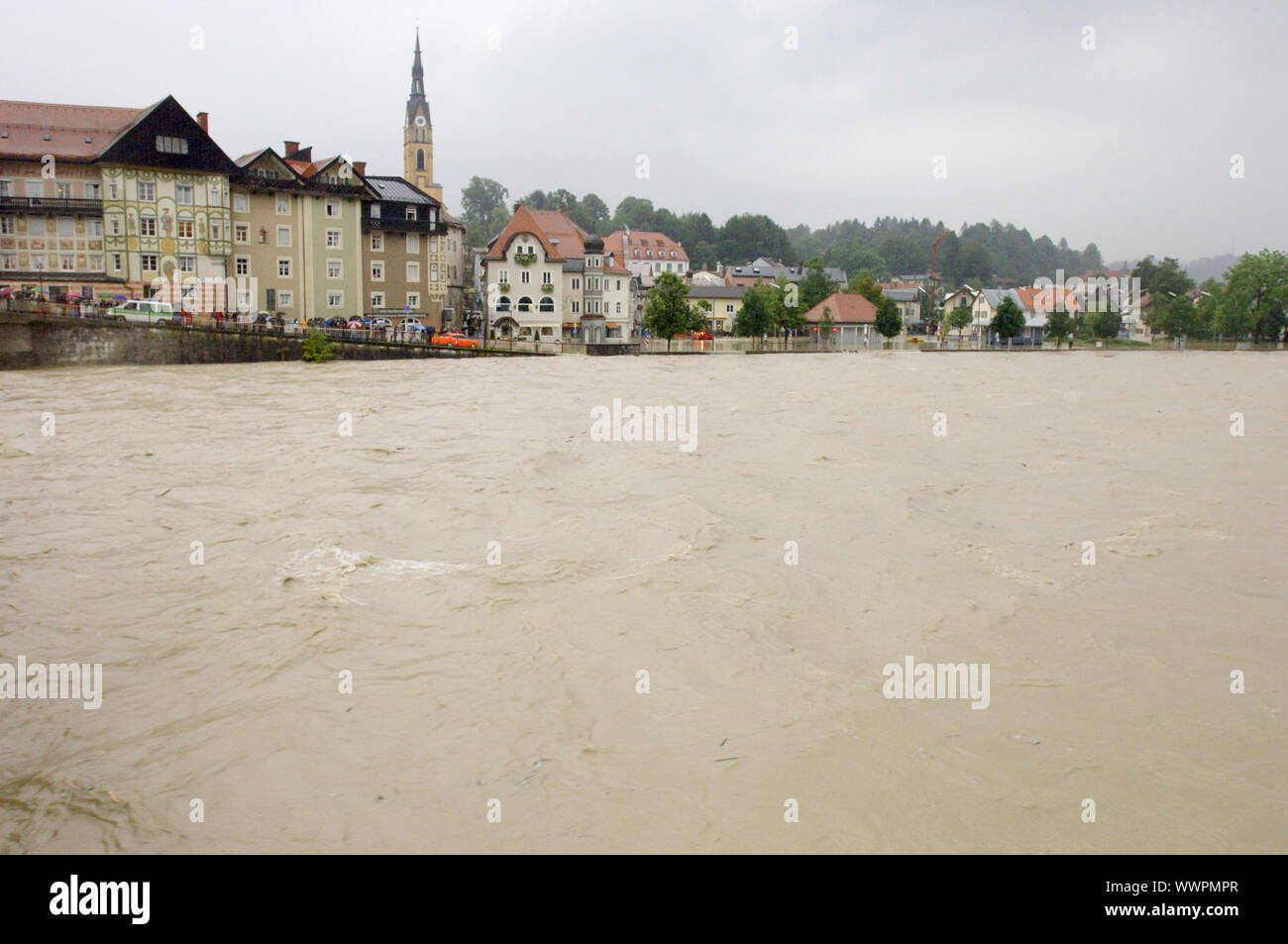 Flooding of the Isar river in Bad Tölz Stock Photo