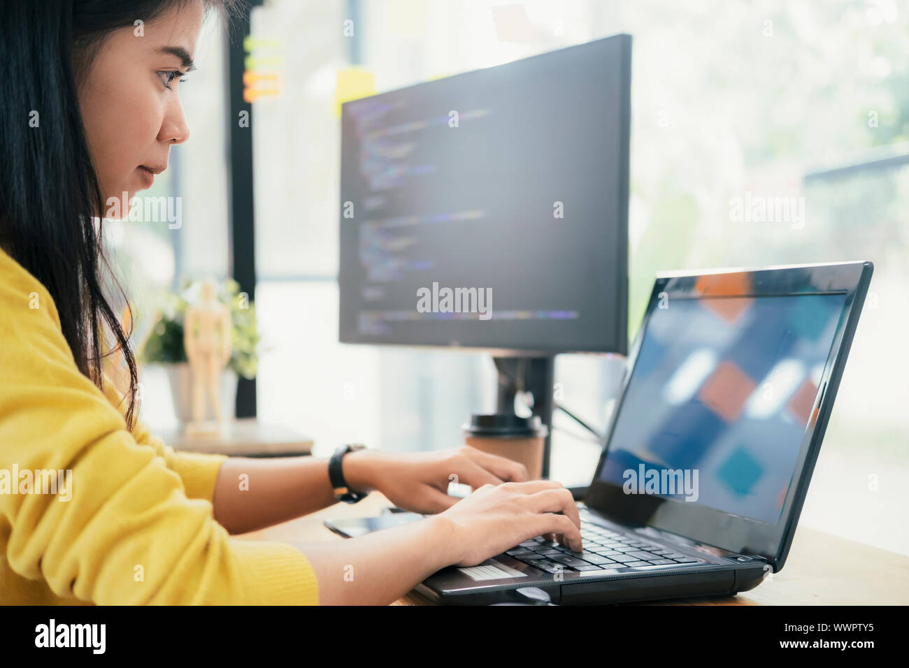 Programmers and developer teams are coding and developing software. Stock Photo