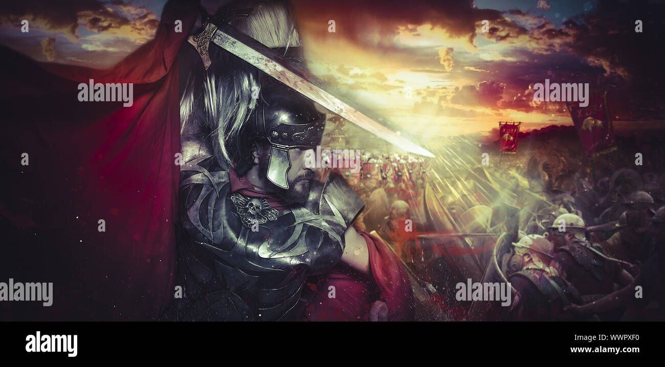 Spartan warrior helmet, armor and red cape on a battlefield, conflict ...