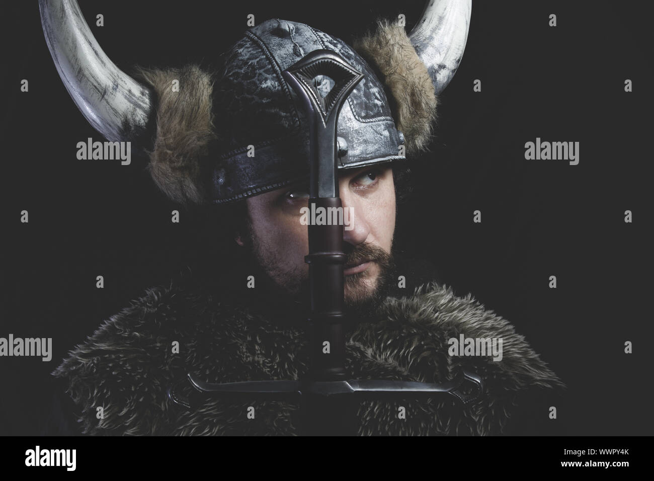 Leadership, Viking warrior with iron sword and helmet with horns Stock Photo