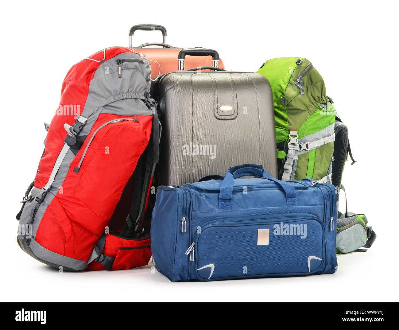 Luggage consisting of large suitcases rucksack and travel bag isolated on white Stock Photo