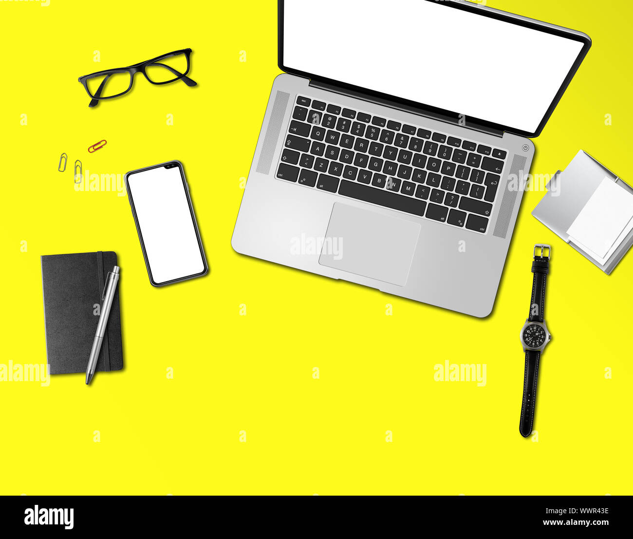 Download Modern Office Desk Mockup Top View Isolated On Yellow Stock Photo 274030050 Alamy PSD Mockup Templates