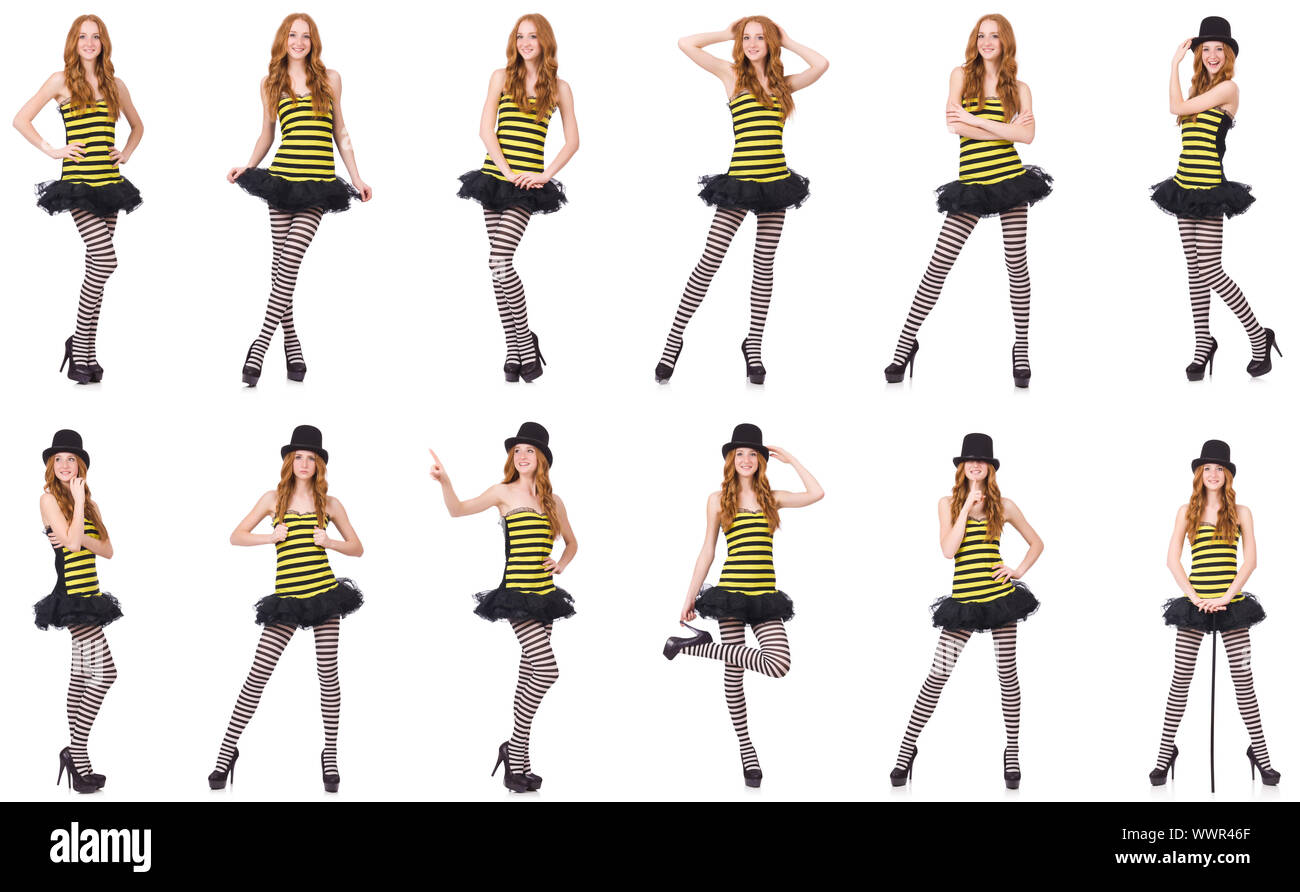 A girl in black and yellow striped dress isolated on white Stock Photo