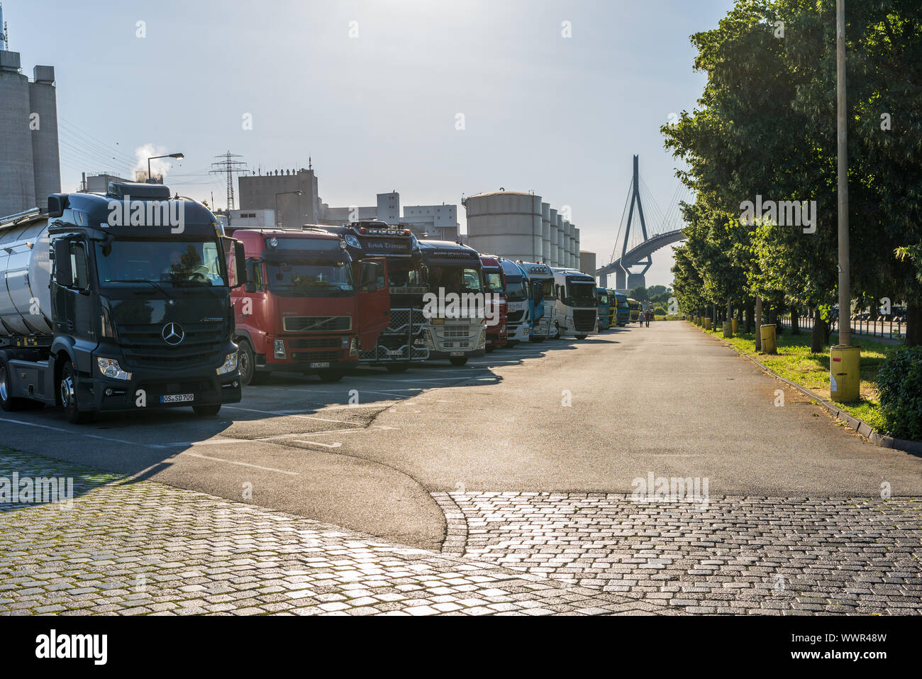 Tank trucks in the truck parking zone, waiting for freight Stock Photo