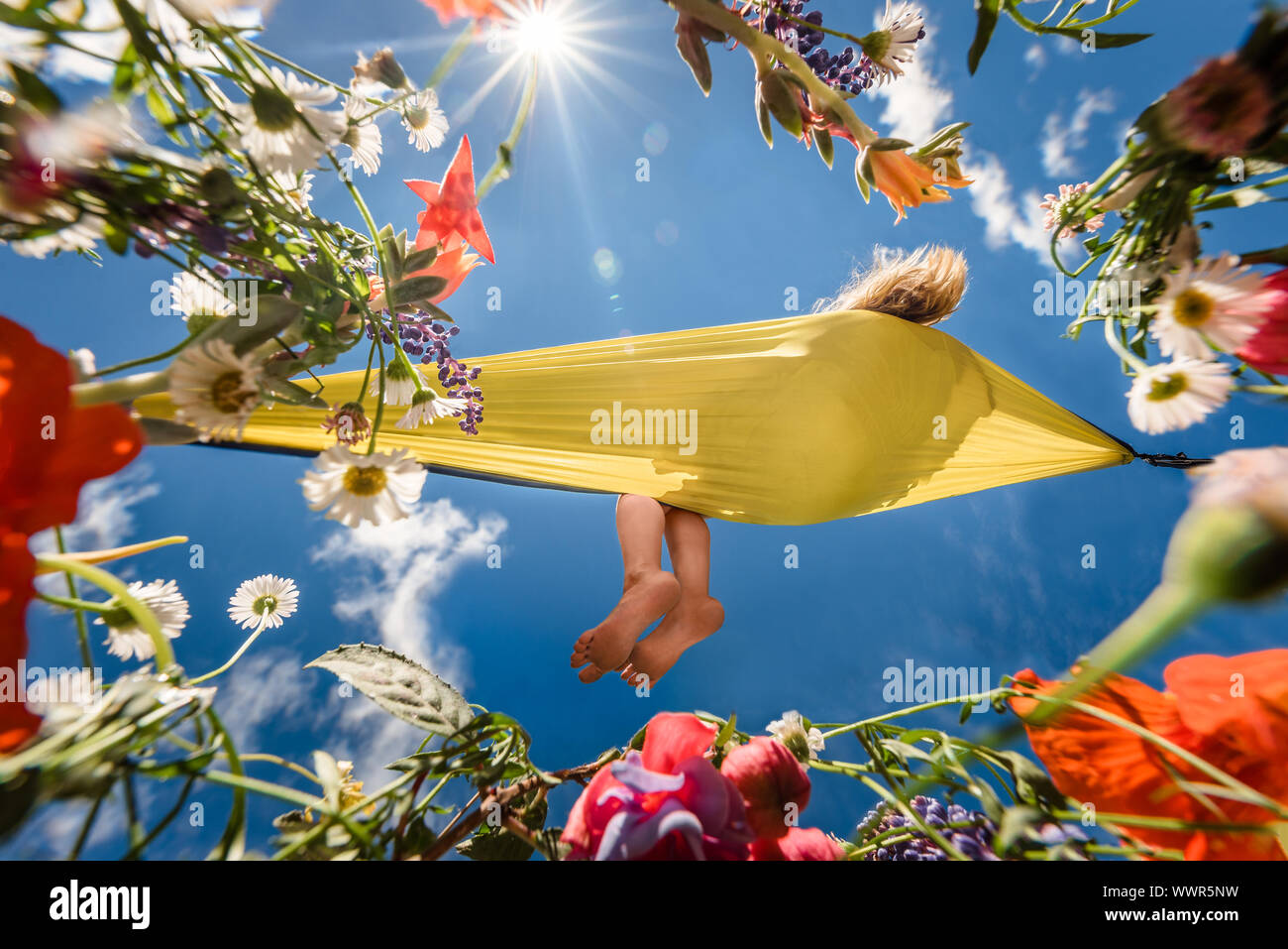 Girl relaxing in a hammock surrounded by flowers on a sunny day Stock Photo