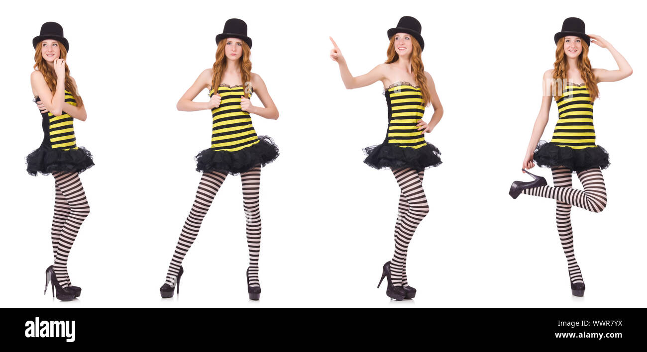 A girl in black and yellow striped dress isolated on white Stock Photo