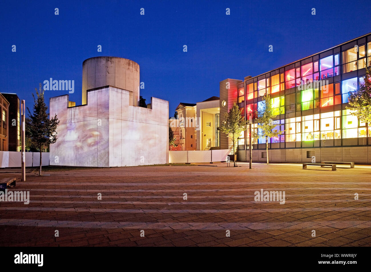 illuminated square Platz der Kulturen during event Stadtlichter, Unna, Ruhr Area, Germany, Europe Stock Photo