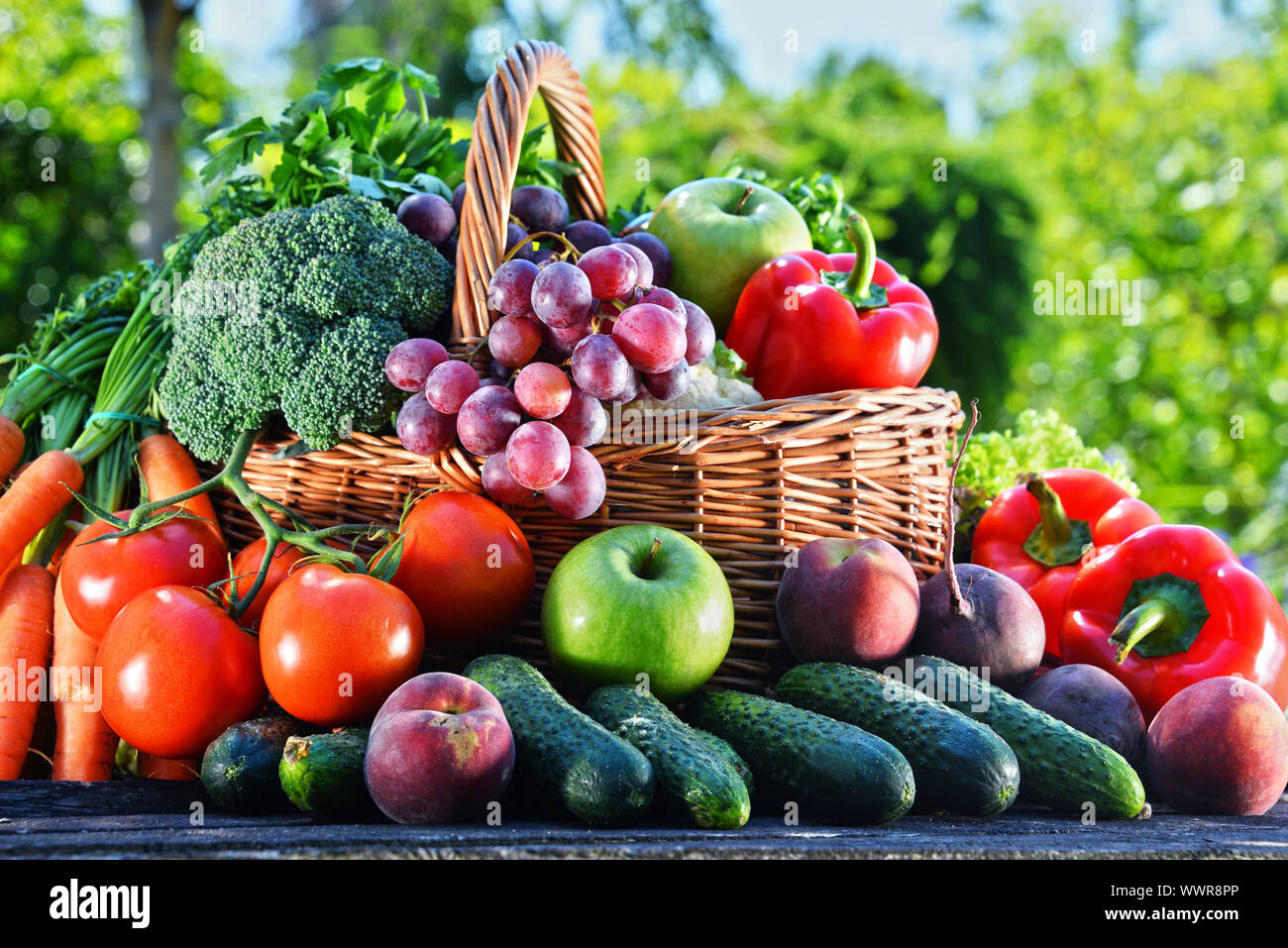Variety of fresh organic vegetables and fruits in the garden. Balanced diet Stock Photo