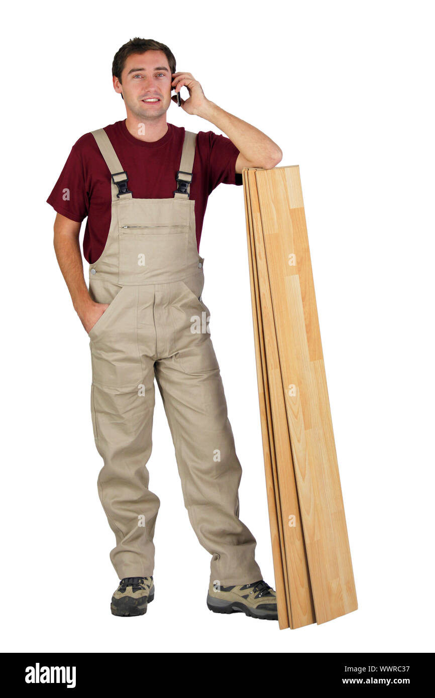 Handyman talking to a supplier Stock Photo