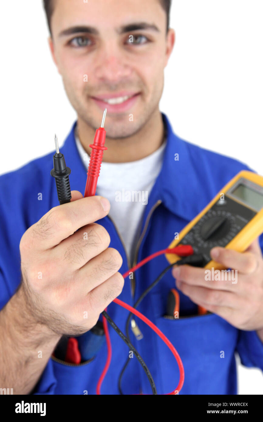 Electrician displaying voltmeter Stock Photo Alamy