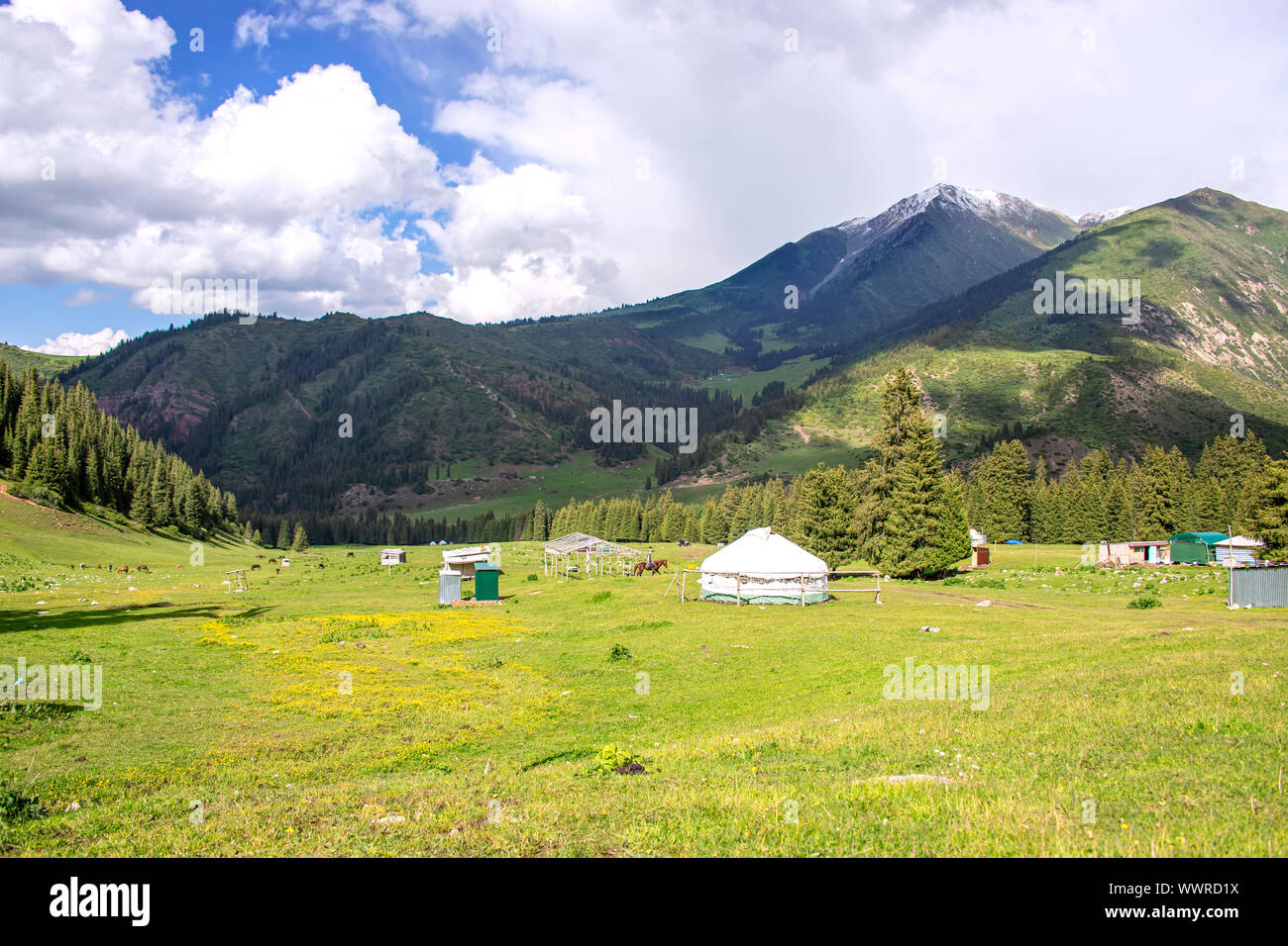 Kyrgyz nomad village on jailoo against a mountain range with snowy peaks and cloudy sky. Kyrgyzstan Stock Photo