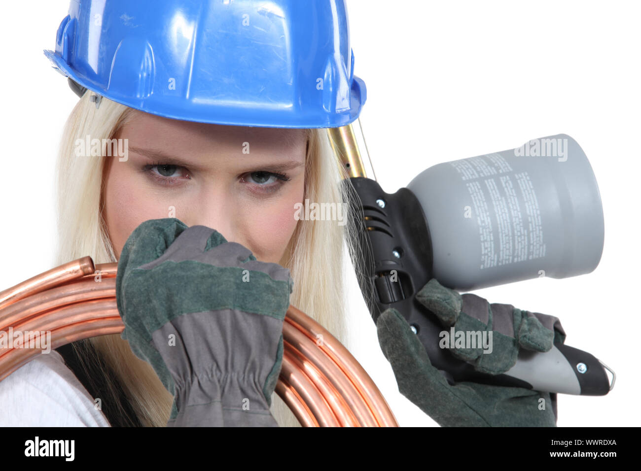 Woman with blowtorch and copper pipe Stock Photo Alamy