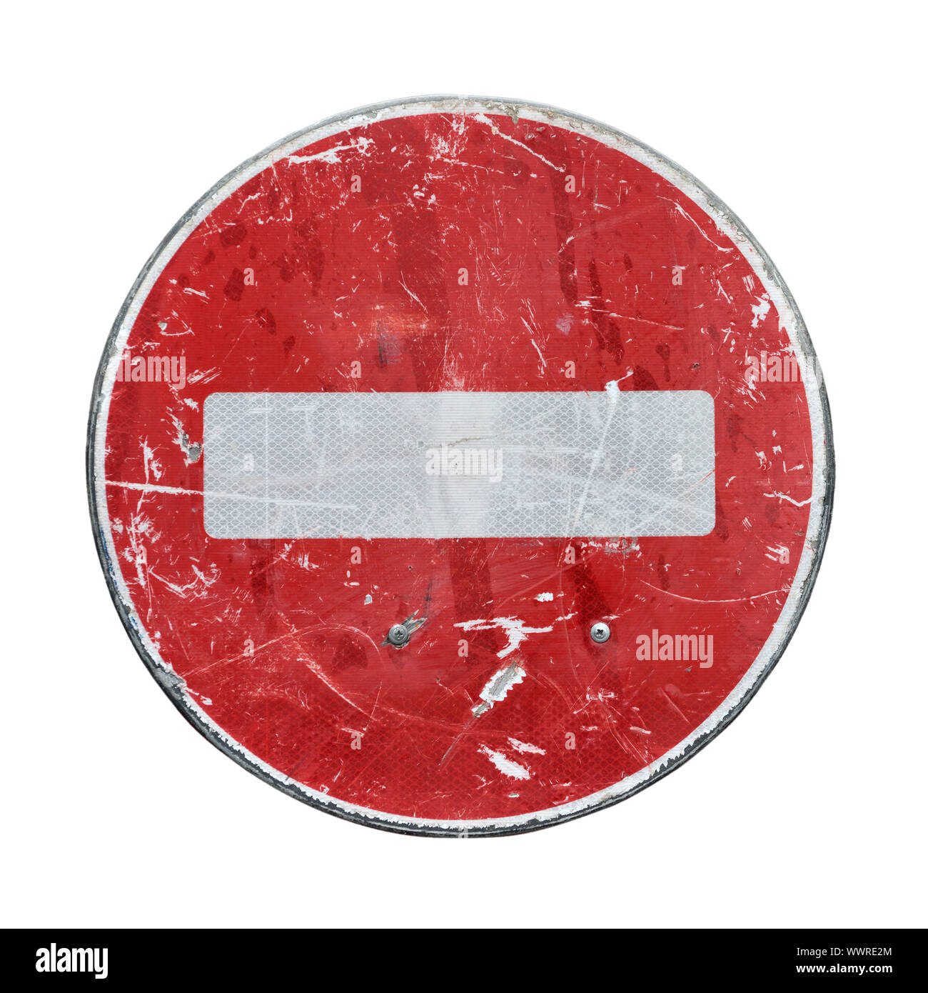 Old red stop road sign isolated on white background. Stock Photo