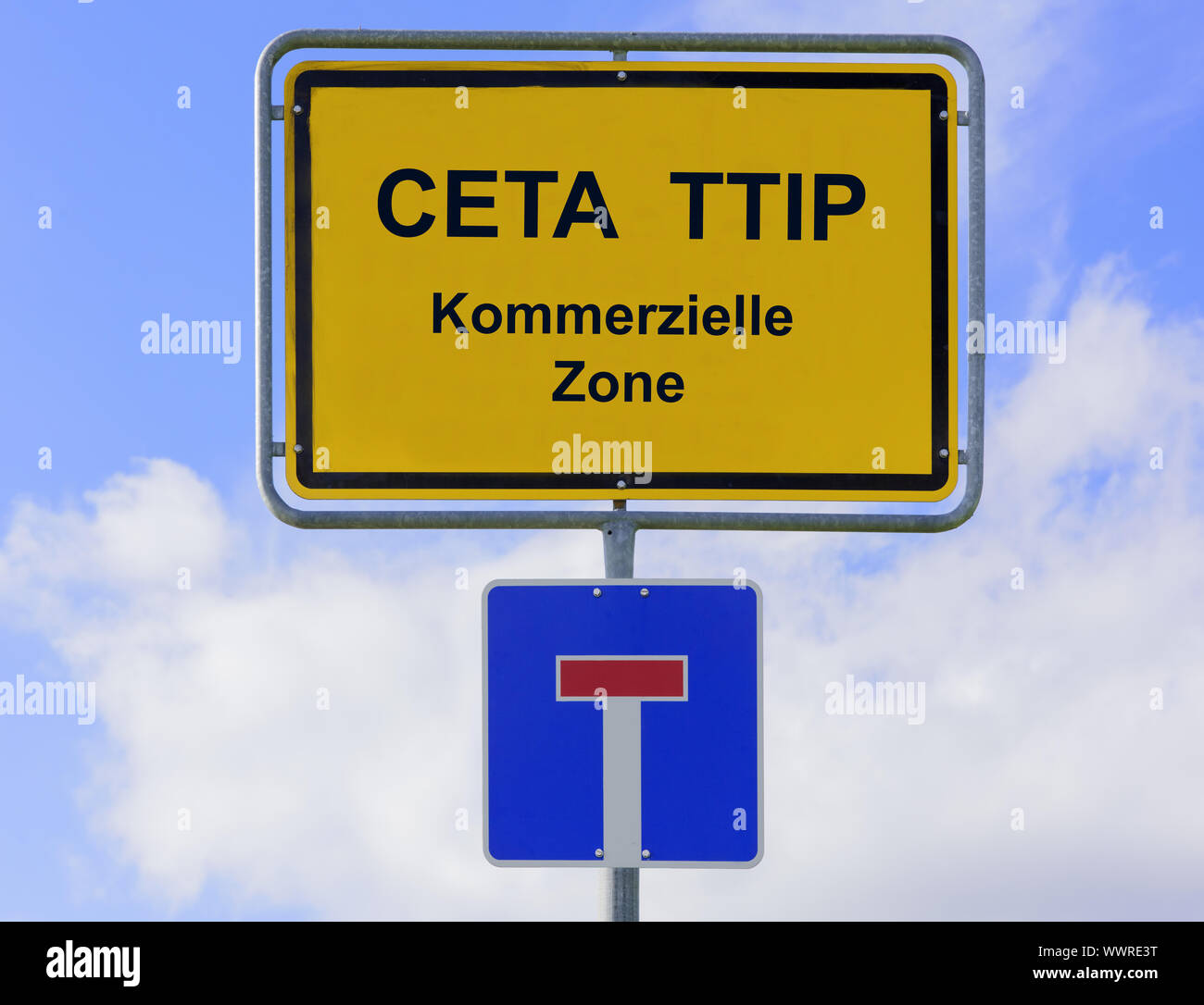 CETA and TTIP Free Trade Agreement on place-name sign Stock Photo