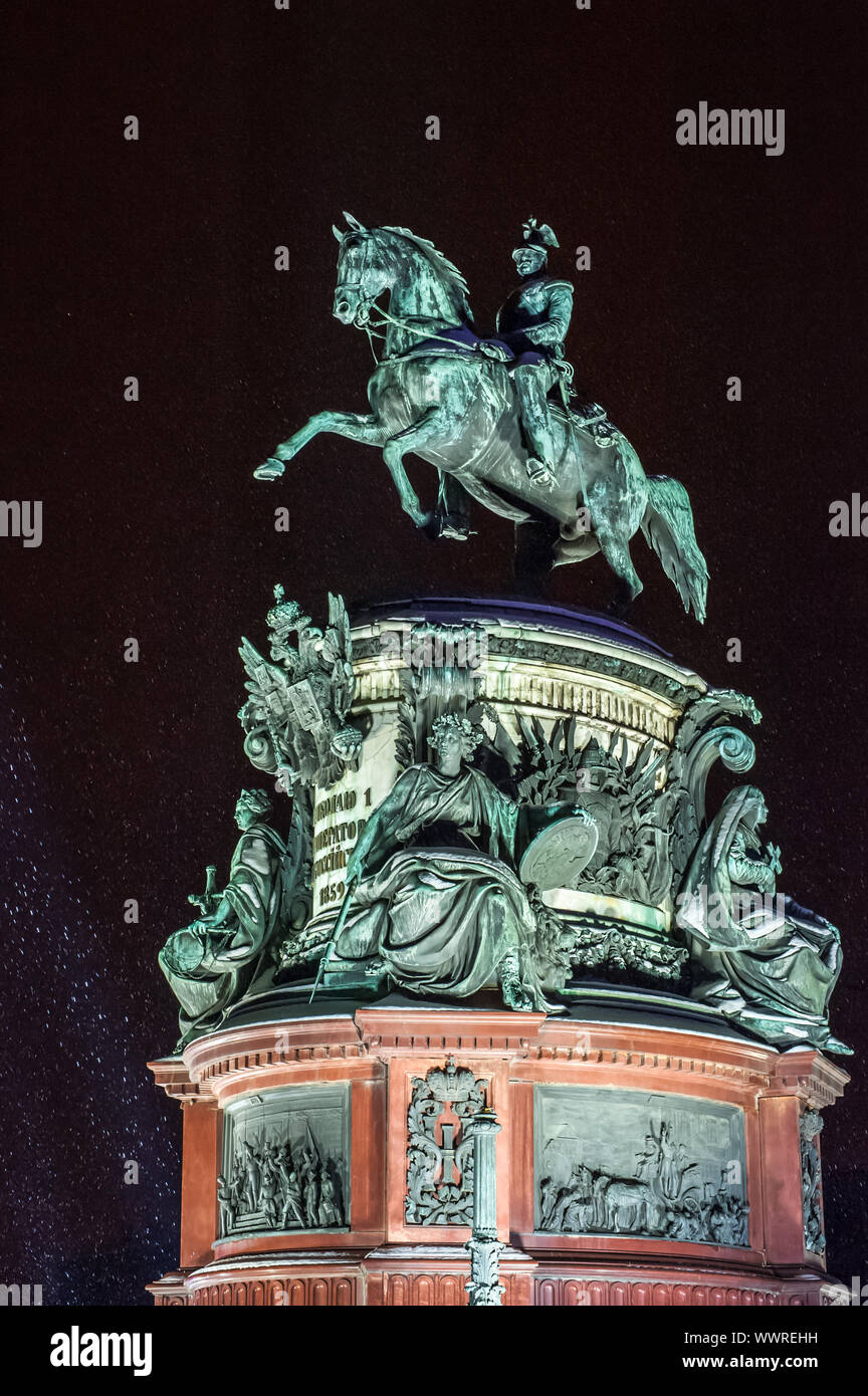 Monument to Nicholas I at snowy winter night. Saint Petersburg, Russia Stock Photo