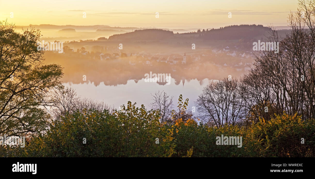 Schlakenmehren maar in autumn at sunrise, Daun, Eifel, Rhineland-Palatinate, Germany, Europe Stock Photo