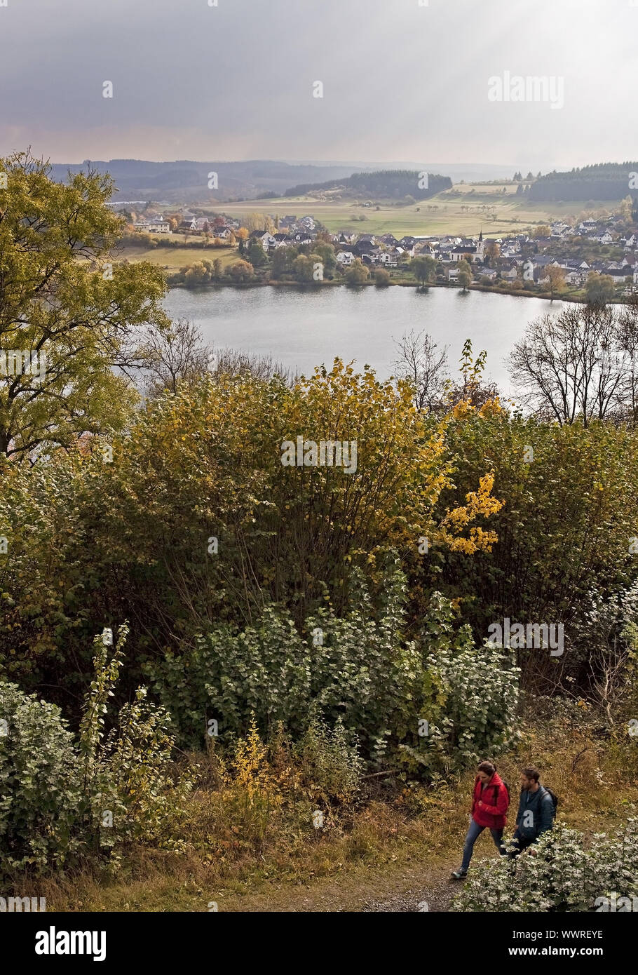 Schlakenmehren maar in autumn, Schalkenmehren, Daun, Eifel, Rhineland-Palatinate, Germany, Europe Stock Photo