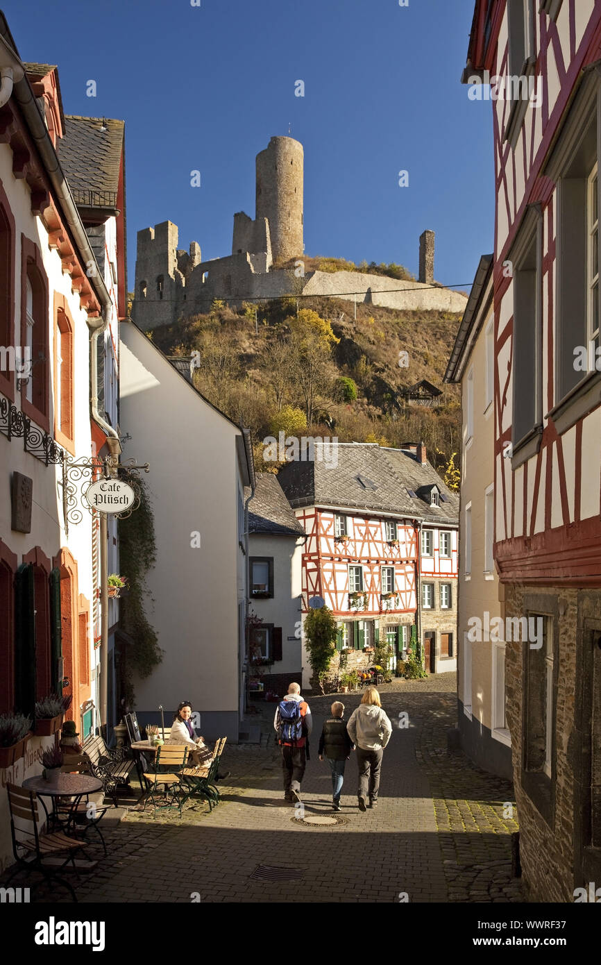 historical city of Monreal with ruin of castle Loewenburg, Monreal, Eifel, Germany, Europe Stock Photo