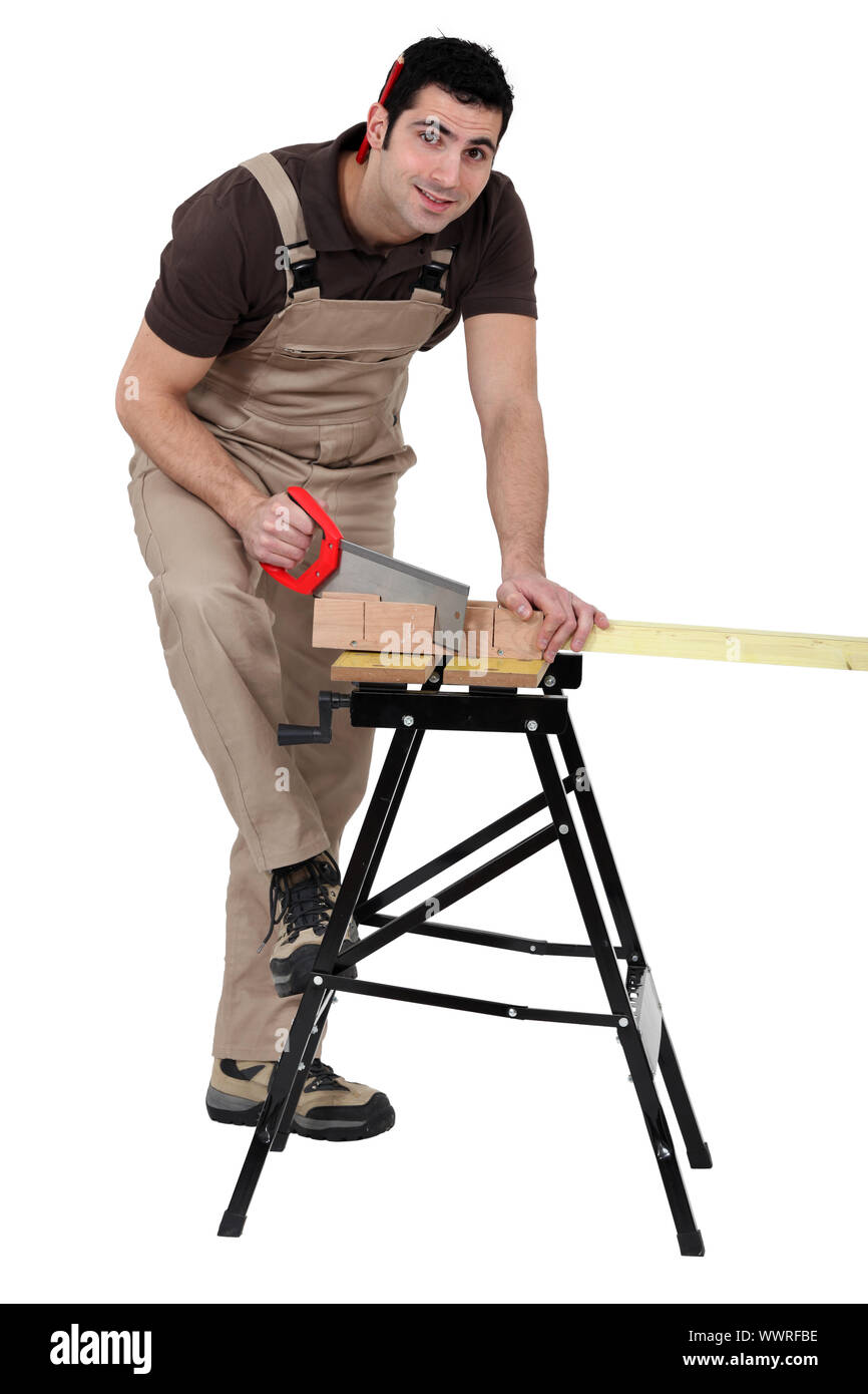 Man using miter saw to cut wood hires stock photography and images Alamy