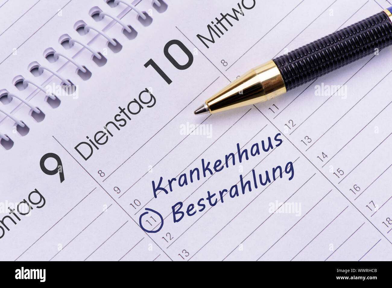 Appointment calendar with entry irradiation in the hospital Stock Photo