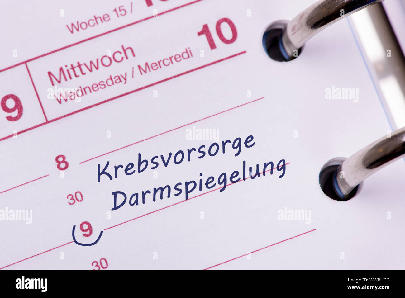 Appointment calendar with entry cancer screening with colonoscopy Stock Photo