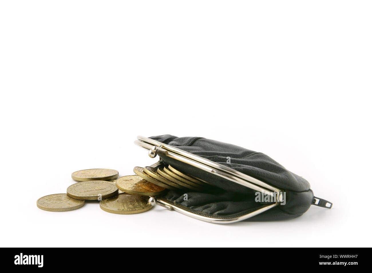Coins falling from purse Stock Photo Alamy